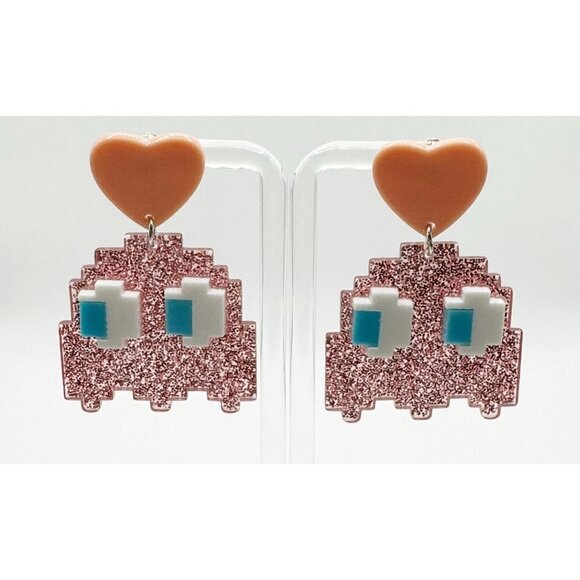 Handmade Jewelry - Pink Glitter Pixel Ghost Heart Drop Earrings - Unbranded